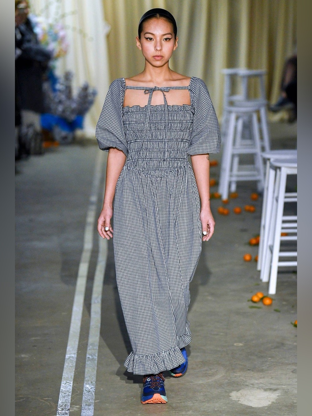 SANDY LIANG F/W 2019 Beeper Gingham Ruffle Smocked Maxi Dress in Black White